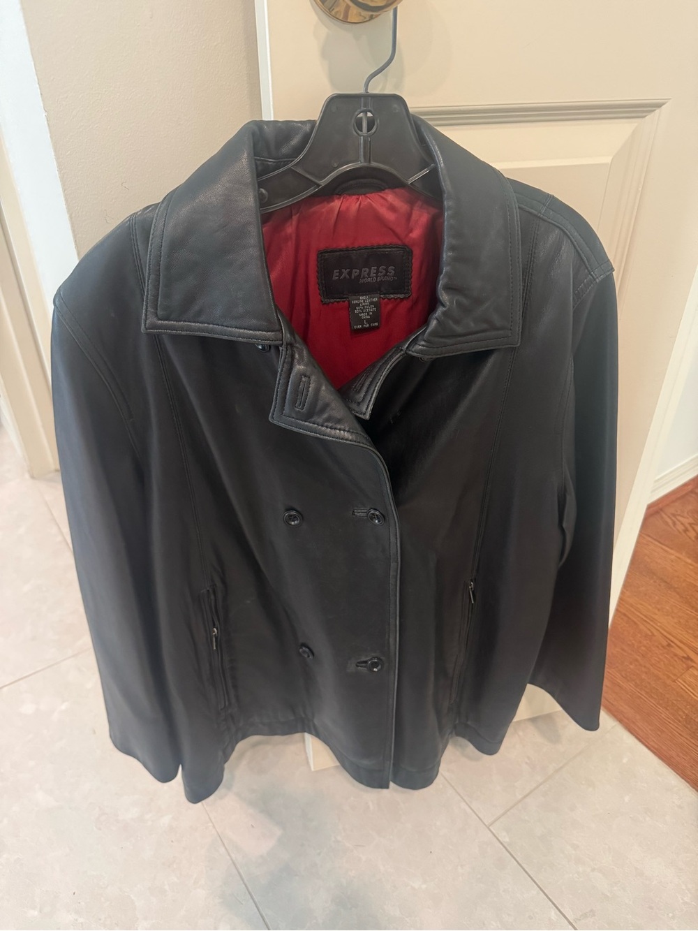 Express Black Leather Double-Breasted Jacket with Red Lining
